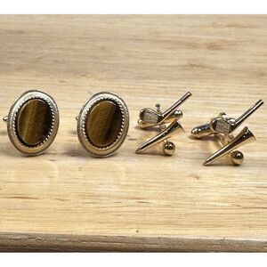 VTG Anson Pat Pend Golf‎ Club Tee Ball Tigers Eye Stone Cufflinks Gold Plated